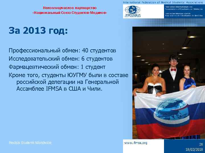 Некоммерческое партнерство «Национальный Союз Студентов-Медиков» За 2013 год: Профессиональный обмен: 40 студентов Исследовательский обмен: