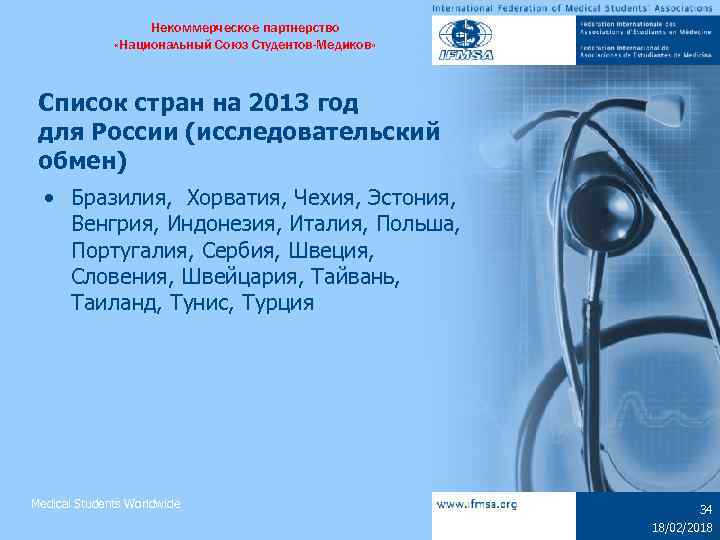 Некоммерческое партнерство «Национальный Союз Студентов-Медиков» Список стран на 2013 год для России (исследовательский обмен)