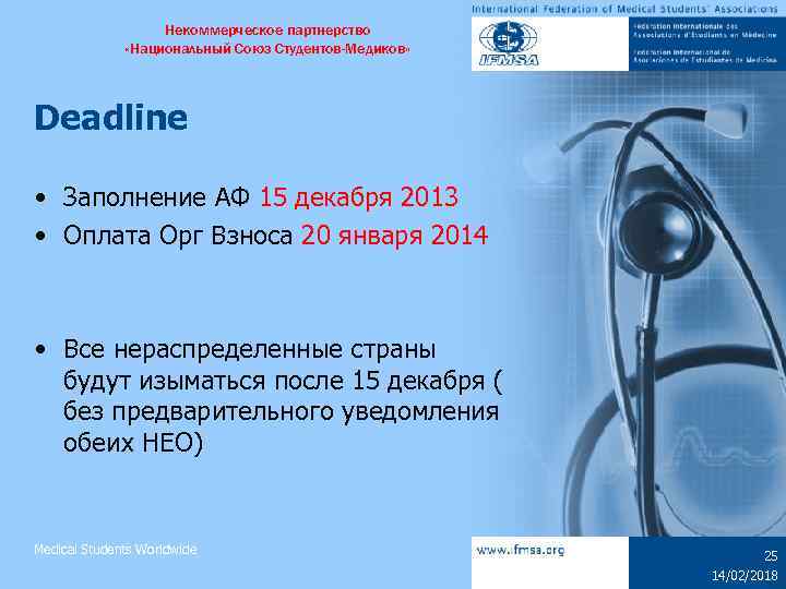 Некоммерческое партнерство «Национальный Союз Студентов-Медиков» Deadline • Заполнение АФ 15 декабря 2013 • Оплата