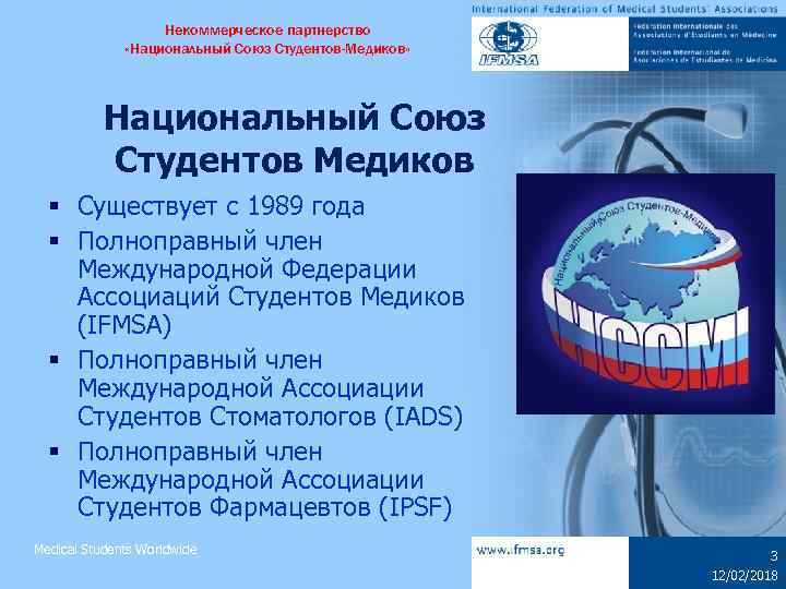 Некоммерческое партнерство «Национальный Союз Студентов-Медиков» Национальный Союз Студентов Медиков § Существует с 1989 года