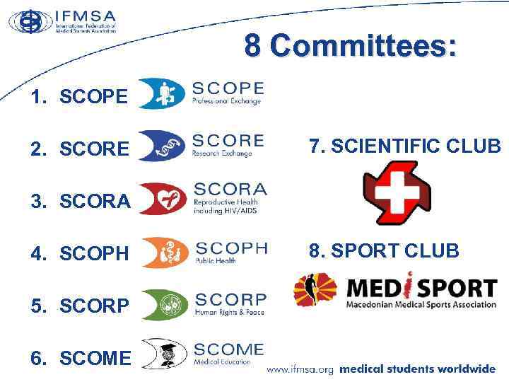 8 Committees: 1. SCOPE 2. SCORE 7. SCIENTIFIC CLUB 3. SCORA 4. SCOPH 5.