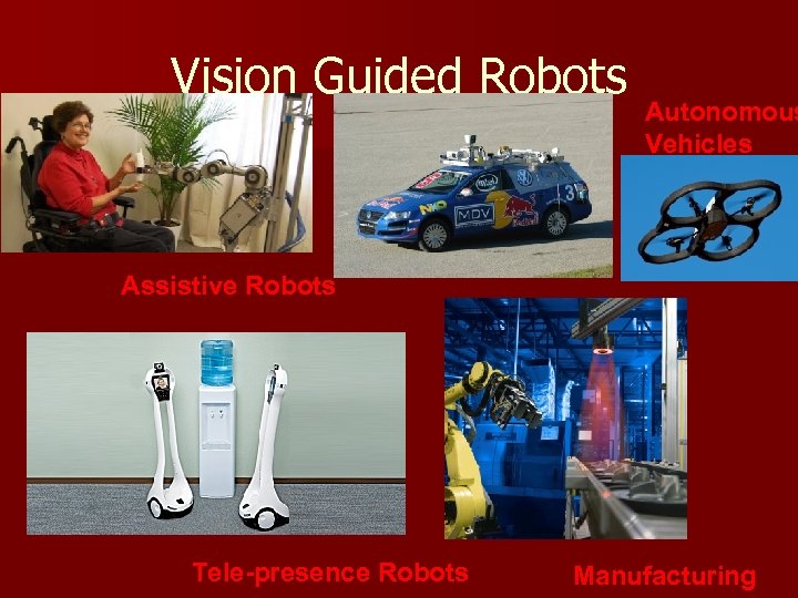 Vision Guided Robots Autonomous Vehicles Assistive Robots Tele-presence Robots Manufacturing 