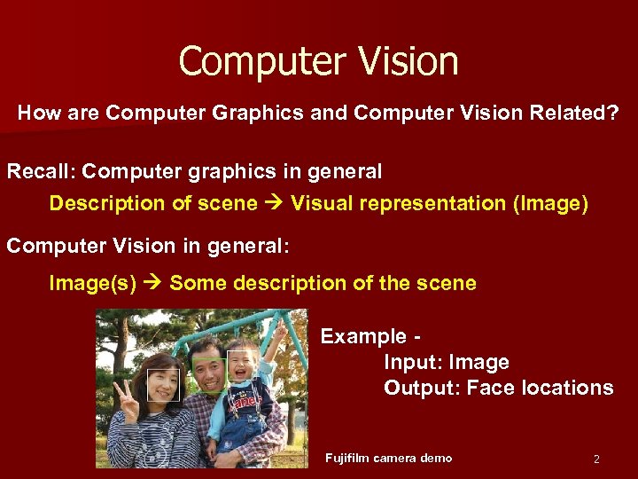 Computer Vision How are Computer Graphics and Computer Vision Related? Recall: Computer graphics in
