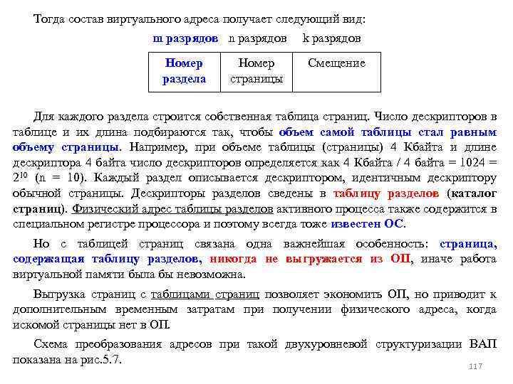 Тогда состав виртуального адреса получает следующий вид: m разрядов n разрядов k разрядов Номер