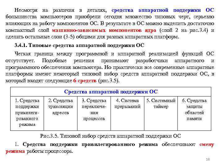 Несмотря на различия в деталях, средства аппаратной поддержки ОС большинства компьютеров приобрели сегодня множество