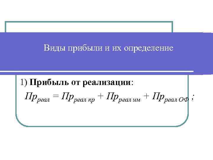 Виды прибыли и их определение 1) Прибыль от реализации: Прреал = Прреал пр +