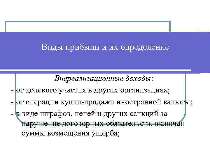 Виды прибыли и их определение Внереализационные доходы: - от долевого участия в других организациях;