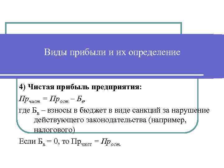 Виды прибыли и их определение 4) Чистая прибыль предприятия: Прчист = Прост – Бв,