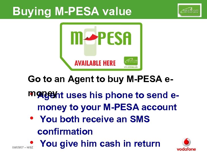 Buying M-PESA value Go to an Agent to buy M-PESA emoney uses his phone