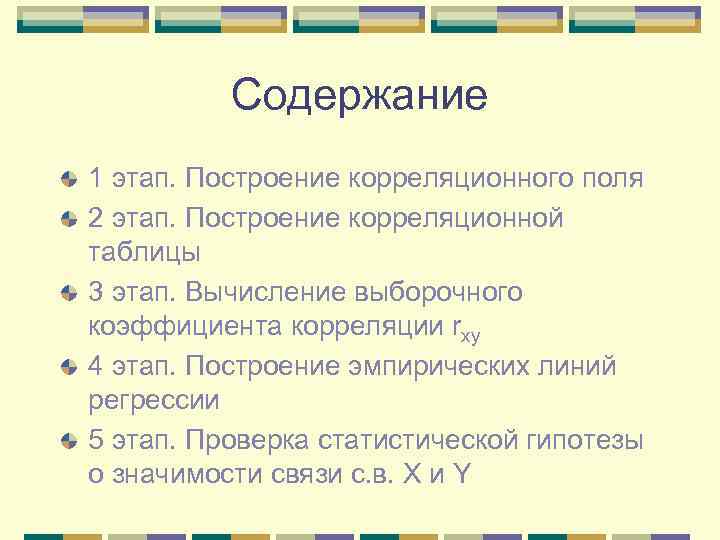 Содержание 1 этап. Построение корреляционного поля 2 этап. Построение корреляционной таблицы 3 этап. Вычисление