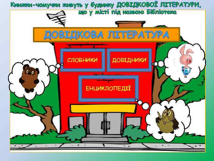 Книжки-чомучки живуть у будинку ДОВІДКОВОЇ ЛІТЕРАТУРИ, що у місті під назвою Бібліотека ДОВІДКОВА ЛІТЕРАТУРА