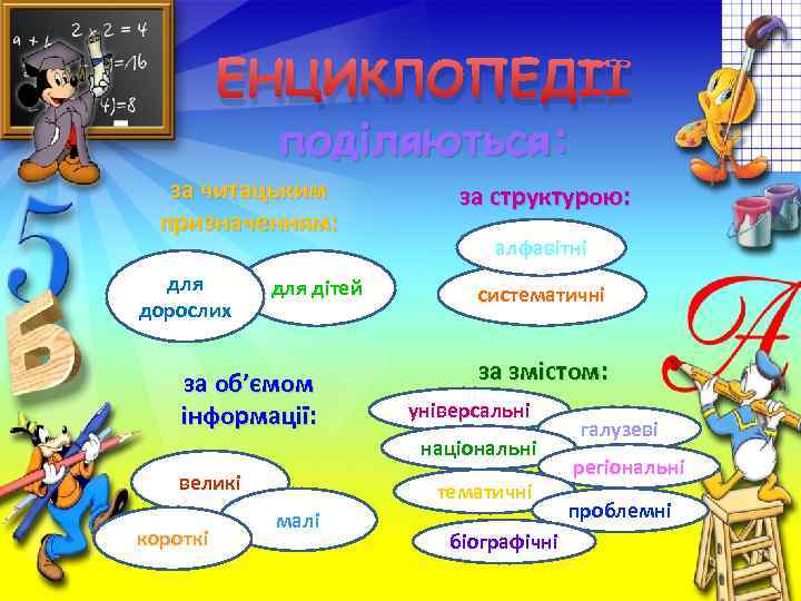 ЕНЦИКЛОПЕДІЇ поділяються: за читацьким призначенням: для дорослих для дітей за об’ємом інформації: за структурою: