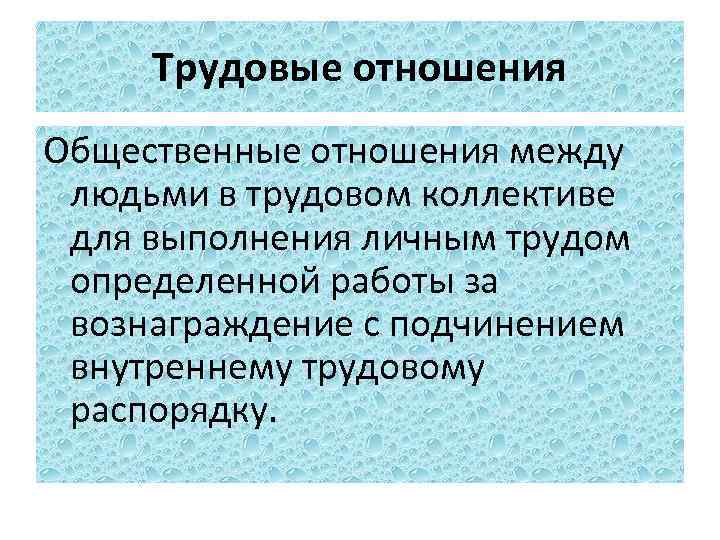 Трудовые отношения Общественные отношения между людьми в трудовом коллективе для выполнения личным трудом определенной