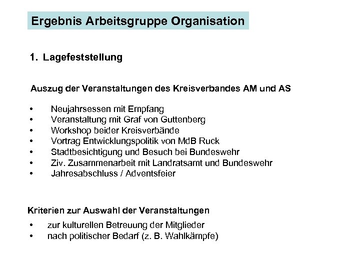 Ergebnis Arbeitsgruppe Organisation 1. Lagefeststellung Auszug der Veranstaltungen des Kreisverbandes AM und AS •