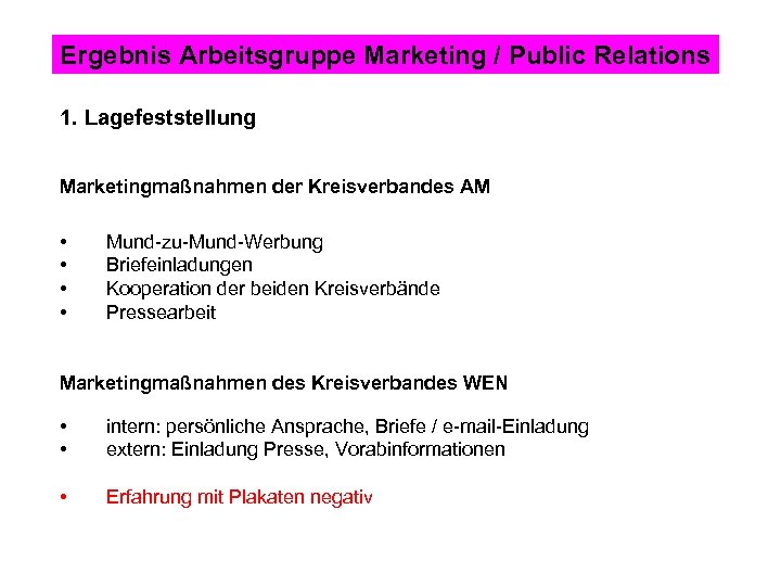 Ergebnis Arbeitsgruppe Marketing / Public Relations 1. Lagefeststellung Marketingmaßnahmen der Kreisverbandes AM • •