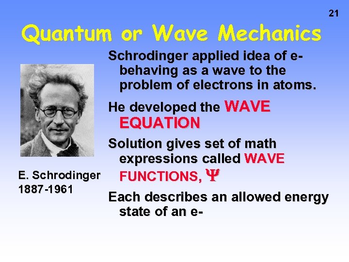 Quantum or Wave Mechanics 21 Schrodinger applied idea of ebehaving as a wave to