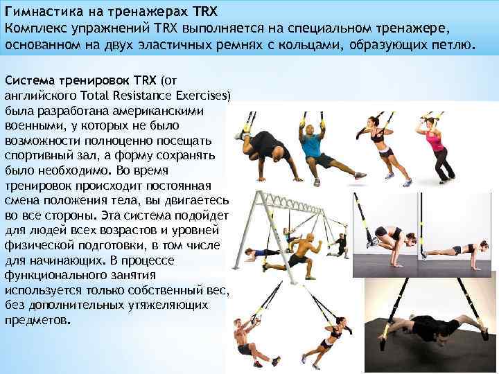 Гимнастика на тренажерах TRX Комплекс упражнений TRX выполняется на специальном тренажере, основанном на двух