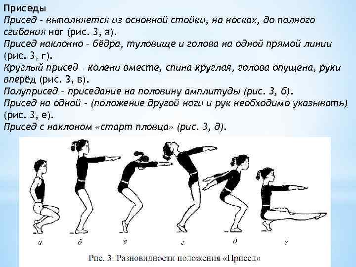 Приседы Присед – выполняется из основной стойки, на носках, до полного сгибания ног (рис.