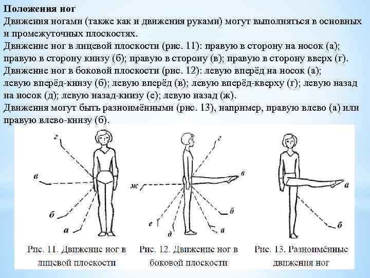 Положения ног Движения ногами (также как и движения руками) могут выполняться в основных и
