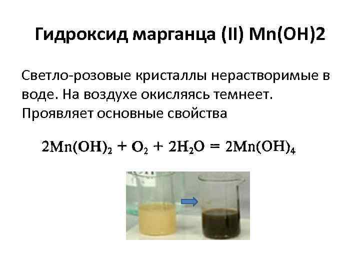 Гидроксид марганца (II) Mn(OH)2 Светло-розовые кристаллы нерастворимые в воде. На воздухе окисляясь темнеет. Проявляет