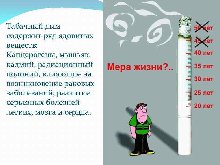 Табачный дым содержит ряд ядовитых веществ: Канцерогены, мышьяк, кадмий, радиационный полоний, влияющие на возникновение