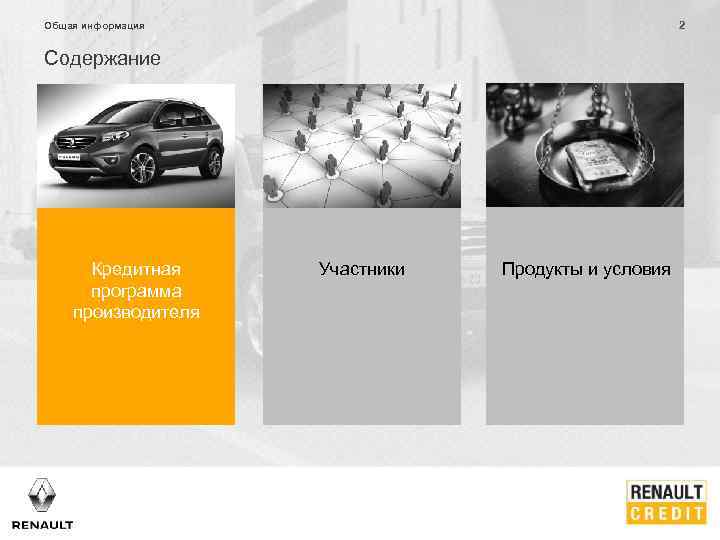 2 Общая информация Содержание Кредитная программа производителя Участники Продукты и условия 