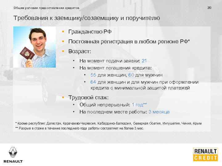 20 Общие условия предоставления кредитов Требования к заемщику/созаемщику и поручителю § Гражданство РФ §
