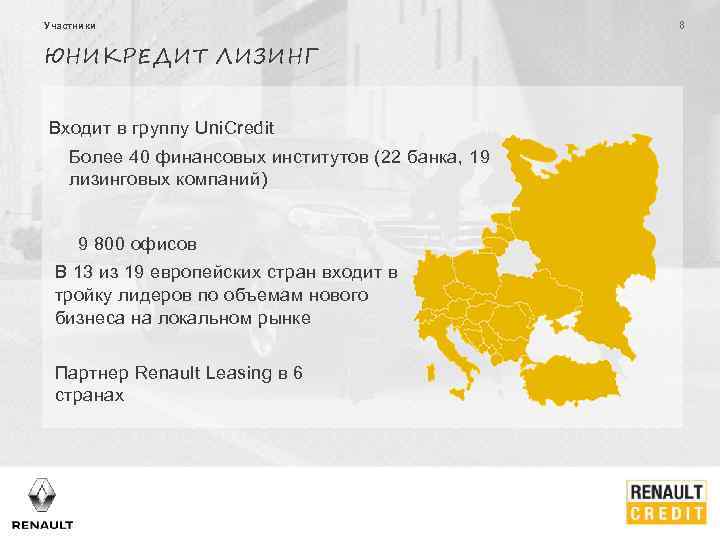 Участники ЮНИКРЕДИТ ЛИЗИНГ Входит в группу Uni. Credit Более 40 финансовых институтов (22 банка,