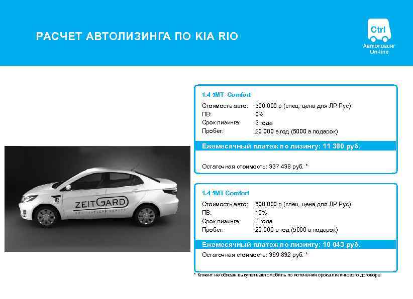 РАСЧЕТ АВТОЛИЗИНГА ПО KIA RIO 1. 4 5 МТ Comfort Стоимость авто: ПВ: Срок