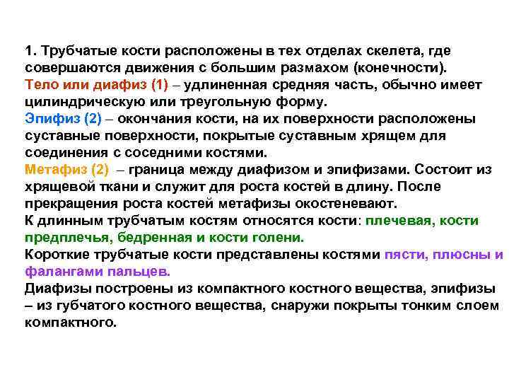 1. Трубчатые кости расположены в тех отделах скелета, где совершаются движения с большим размахом