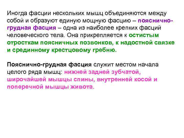 Иногда фасции нескольких мышц объединяются между собой и образуют единую мощную фасцию – поясничногрудная