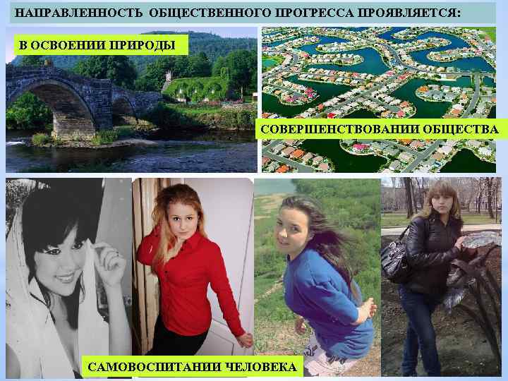 НАПРАВЛЕННОСТЬ ОБЩЕСТВЕННОГО ПРОГРЕССА ПРОЯВЛЯЕТСЯ: В ОСВОЕНИИ ПРИРОДЫ СОВЕРШЕНСТВОВАНИИ ОБЩЕСТВА САМОВОСПИТАНИИ ЧЕЛОВЕКА 