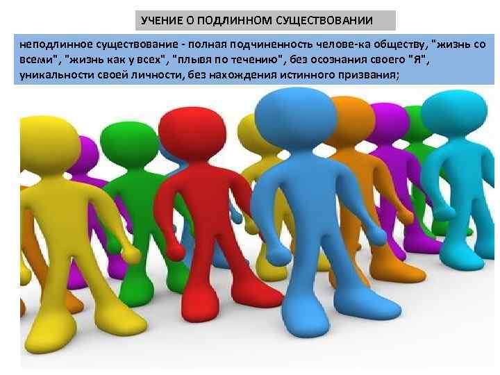 УЧЕНИЕ О ПОДЛИННОМ СУЩЕСТВОВАНИИ неподлинное существование полная подчиненность челове ка обществу, "жизнь со всеми",