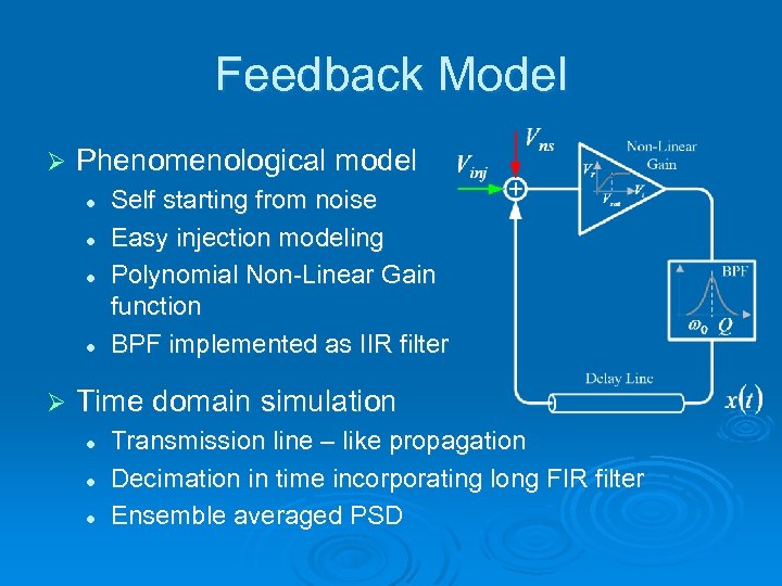 Feedback Model Ø Phenomenological model l l Ø Self starting from noise Easy injection