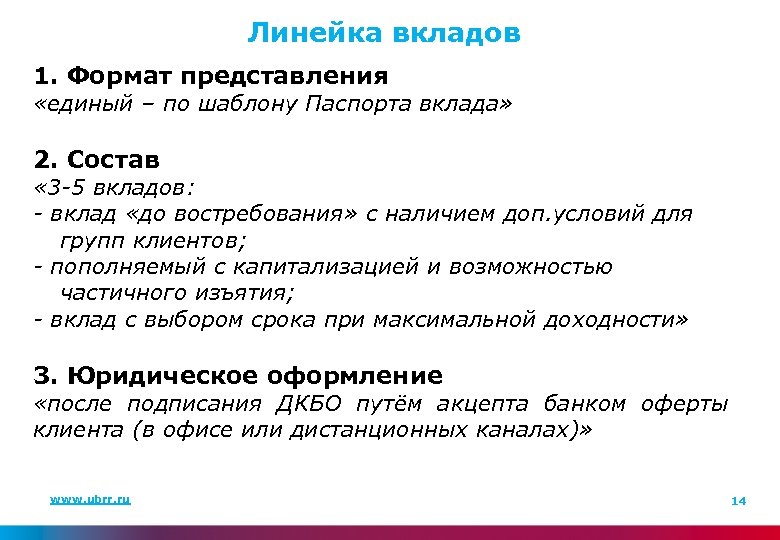 Линейка вкладов 1. Формат представления «единый – по шаблону Паспорта вклада» 2. Состав «