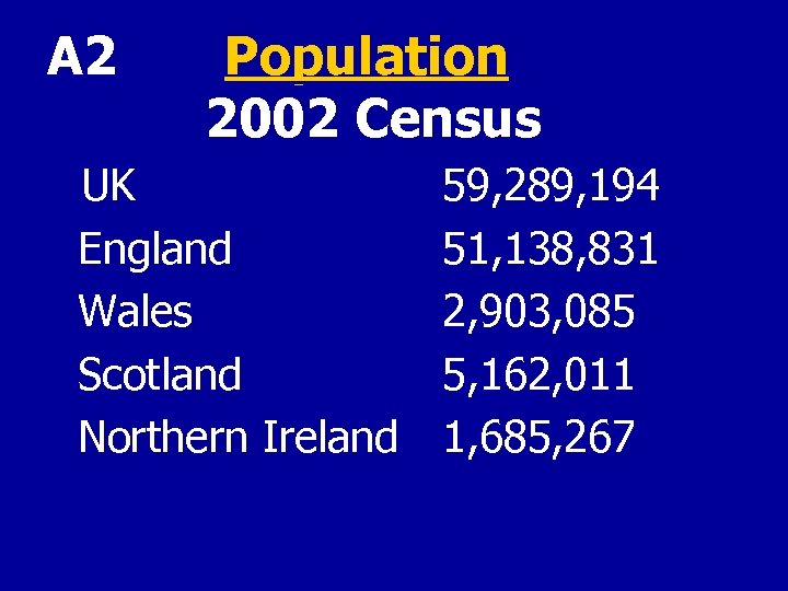A 2 Population 2002 Census UK England Wales Scotland Northern Ireland 59, 289, 194