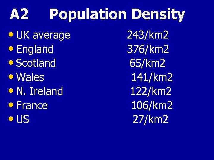 A 2 Population Density • UK average • England • Scotland • Wales •