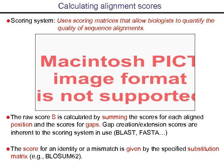 Calculating alignment scores Scoring system: Uses scoring matrices that allow biologists to quantify the