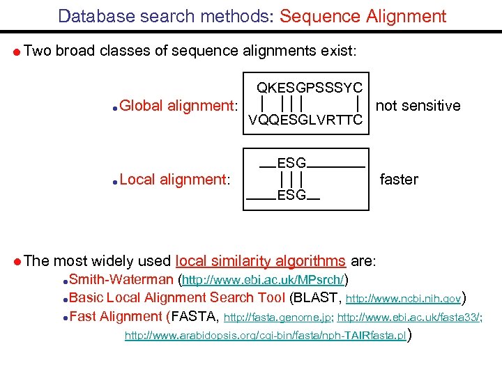 Database search methods: Sequence Alignment Two broad classes of sequence alignments exist: QKESGPSSSYC Global