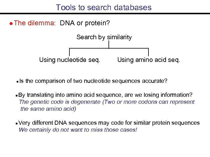 Tools to search databases The dilemma: DNA or protein? Search by similarity Using nucleotide