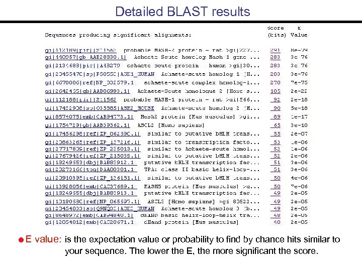 Detailed BLAST results E value: is the expectation value or probability to find by