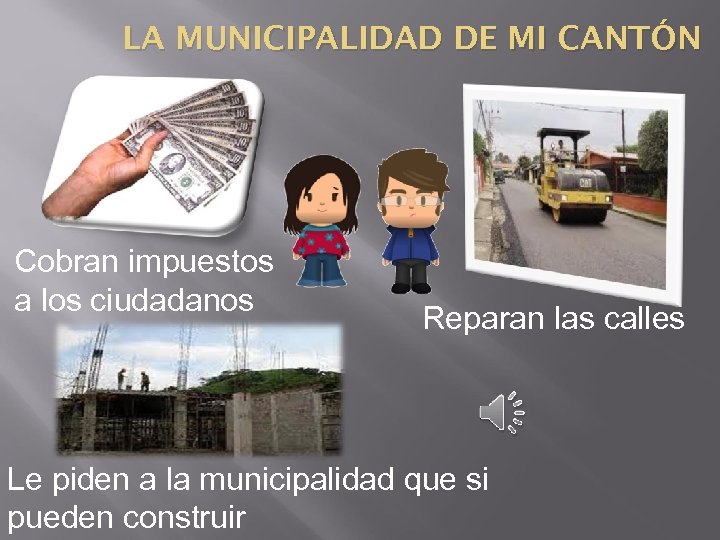 LA MUNICIPALIDAD DE MI CANTÓN Cobran impuestos a los ciudadanos Reparan las calles Le