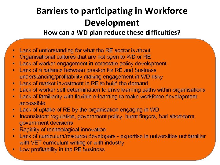 Barriers to participating in Workforce Development How can a WD plan reduce these difficulties?