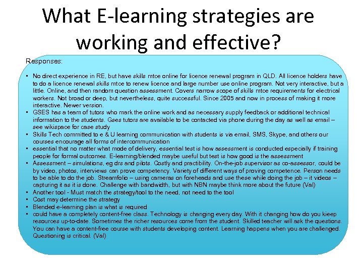 What E-learning strategies are working and effective? Responses: • No direct experience in RE,