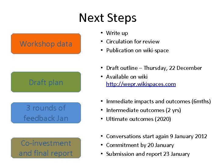 Next Steps Workshop data Draft plan • Write up • Circulation for review •