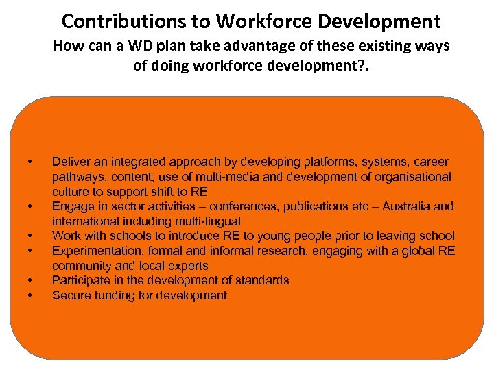 Contributions to Workforce Development How can a WD plan take advantage of these existing