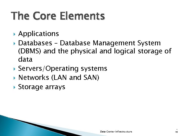 The Core Elements Applications Databases – Database Management System (DBMS) and the physical and