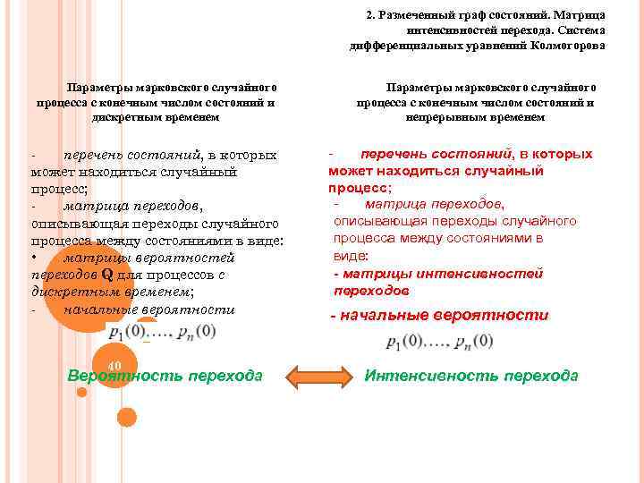 2. Размеченный граф состояний. Матрица интенсивностей перехода. Система дифференциальных уравнений Колмогорова Параметры марковского случайного