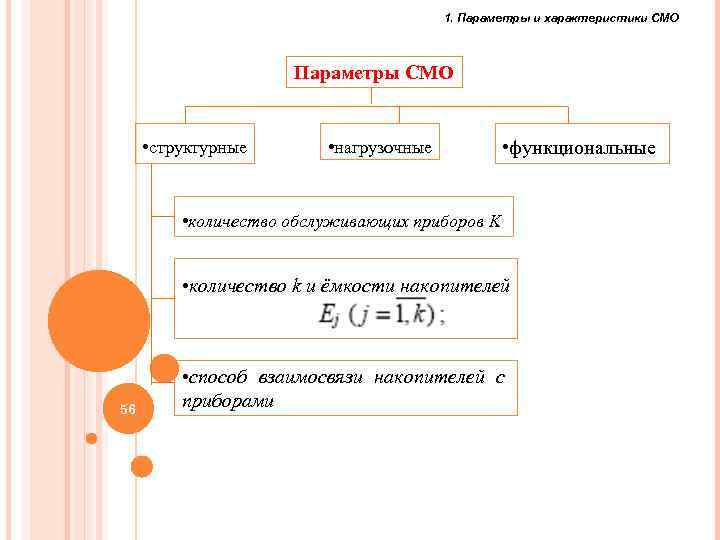 1. Параметры и характеристики СМО Параметры СМО • структурные • нагрузочные • функциональные •