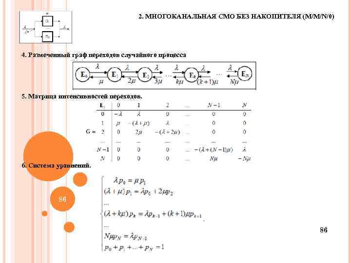 2. МНОГОКАНАЛЬНАЯ СМО БЕЗ НАКОПИТЕЛЯ (M/M/N/0) 4. Размеченный граф переходов случайного процесса 5. Матрица